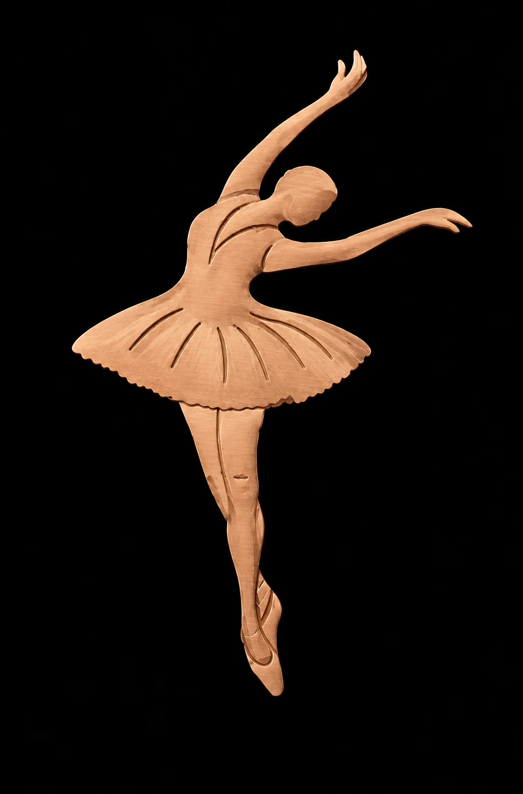 Brushed copper ballerina relief in arabesque against a deep black background